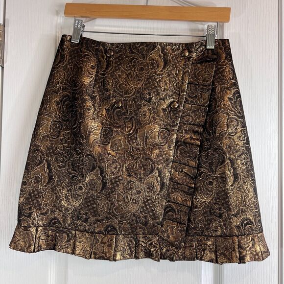Sandro Goldena Ruffled Brocade Mini Skirt Metallic Gold Women's Size 2 - Picture 1 of 12